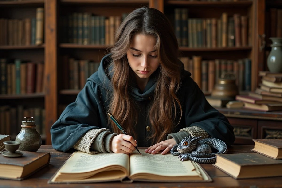 Femme écrivant dans une bibliothèque avec un petit dragon argenté