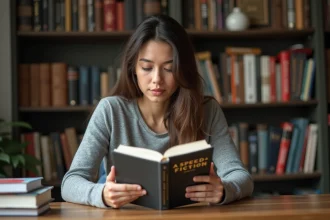 Femme concentrée lisant un livre dans un bureau cosy