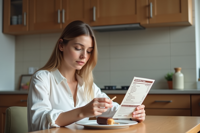 femme-mange-ice-cream-almond Jeune femme examine un ice cream Magnum almond à la maison