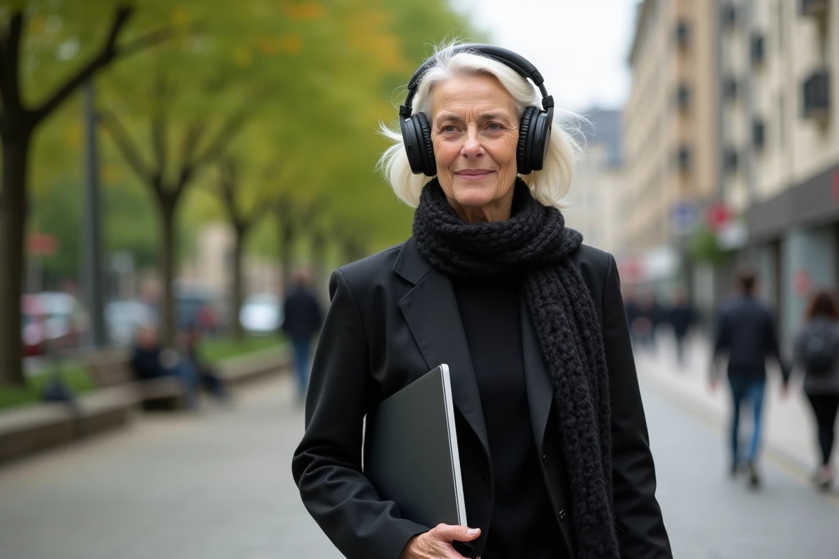 Femme mature marchant dans un parc urbain avec casque