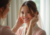 Femme souriante en robe pastel se faisant coiffer pour un mariage