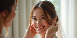 Femme souriante en robe pastel se faisant coiffer pour un mariage