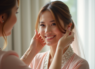 Femme souriante en robe pastel se faisant coiffer pour un mariage