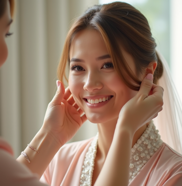 Femme souriante en robe pastel se faisant coiffer pour un mariage