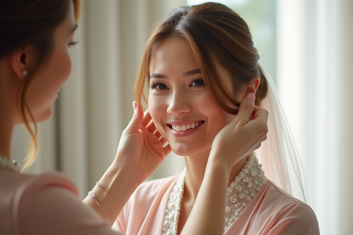 Femme souriante en robe pastel se faisant coiffer pour un mariage