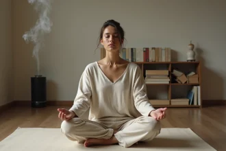 Femme pratiquant la méditation avec un mantra dans une salle minimaliste aux murs en plâtre et textes spirituels en arrière-plan