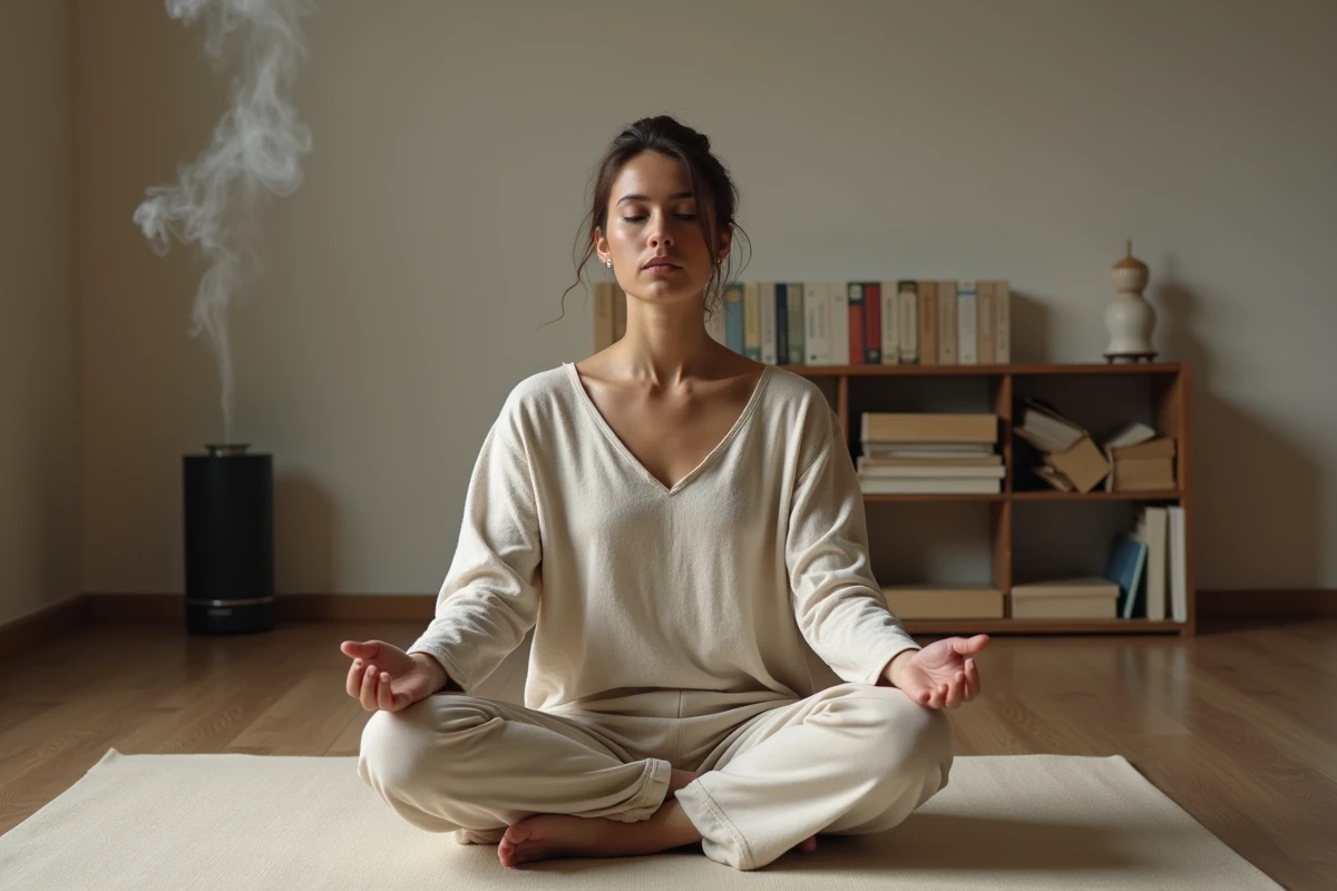 Femme pratiquant la méditation avec un mantra dans une salle minimaliste aux murs en plâtre et textes spirituels en arrière-plan