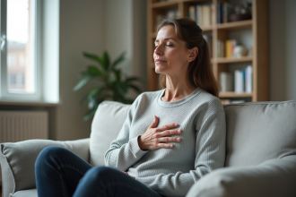 Femme méditant dans un salon lumineux et calme