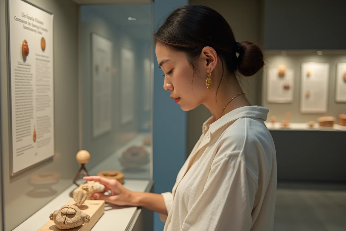 Jeune femme contemplant des scarabées égyptiens authentiques dans une vitrine de musée d'histoire naturelle