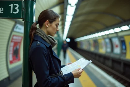 Femme élégante vérifiant un plan de métro parisien