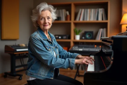 Femme d'une soixantaine jouant du piano num&eacute;rique en studio