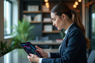 Femme d affaires regardant un diagramme blockchain sur sa tablette