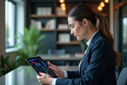 Femme d affaires regardant un diagramme blockchain sur sa tablette