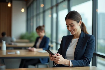 Femme professionnelle utilisant une application de réseau business sur smartphone dans un espace de coworking moderne