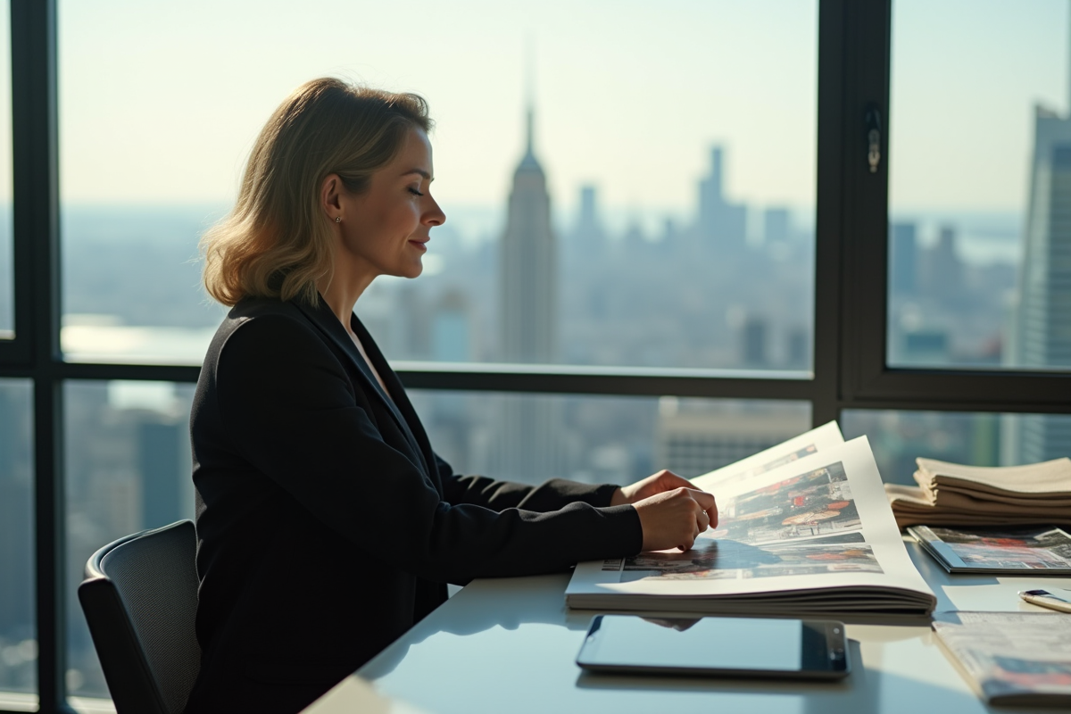 Femme rédactrice de mode élégante dans un bureau lumineux