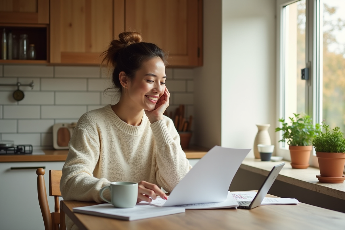 Femme souriante examinant des documents de retraite à la cuisine