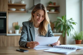 Femme relisant un rapport de credit dans une cuisine lumineuse