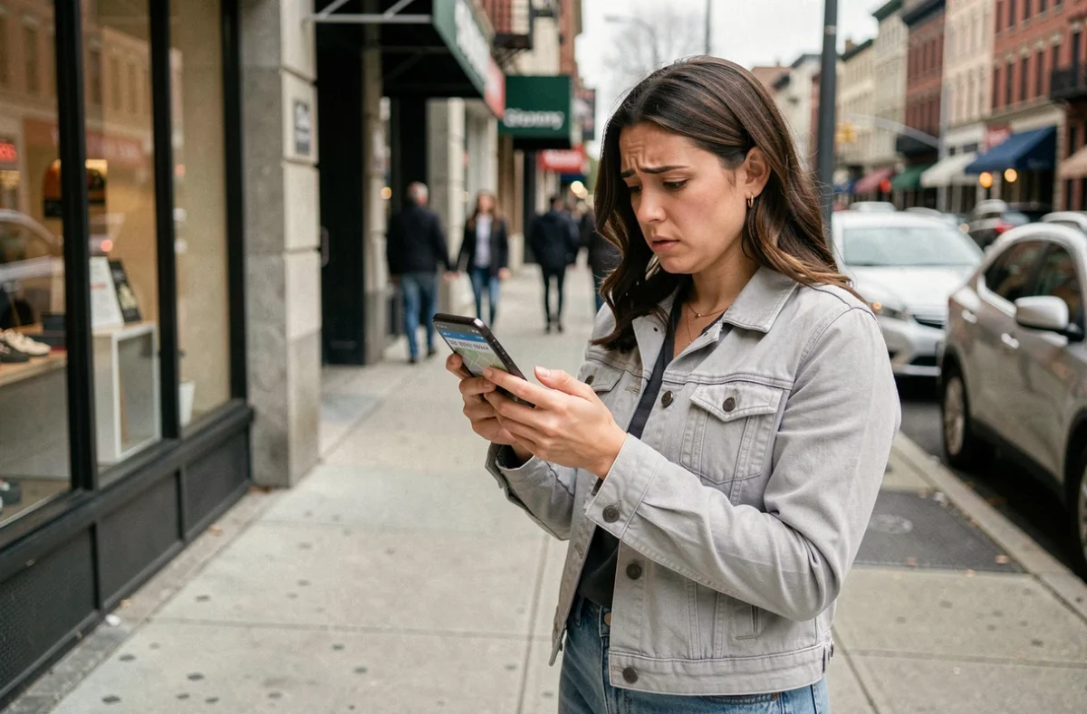 Femme dans la rue consultant une adresse manquante sur Google Maps depuis son téléphone
