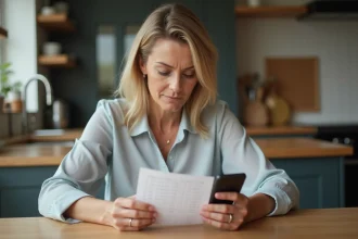 Femme concentrée avec liste de numéros dans une cuisine moderne