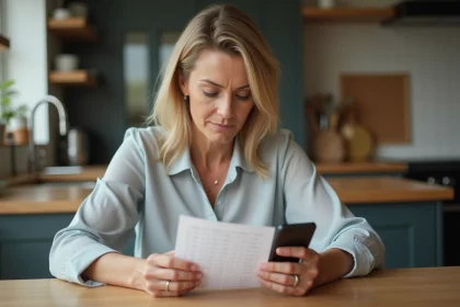 Femme concentrée avec liste de numéros dans une cuisine moderne