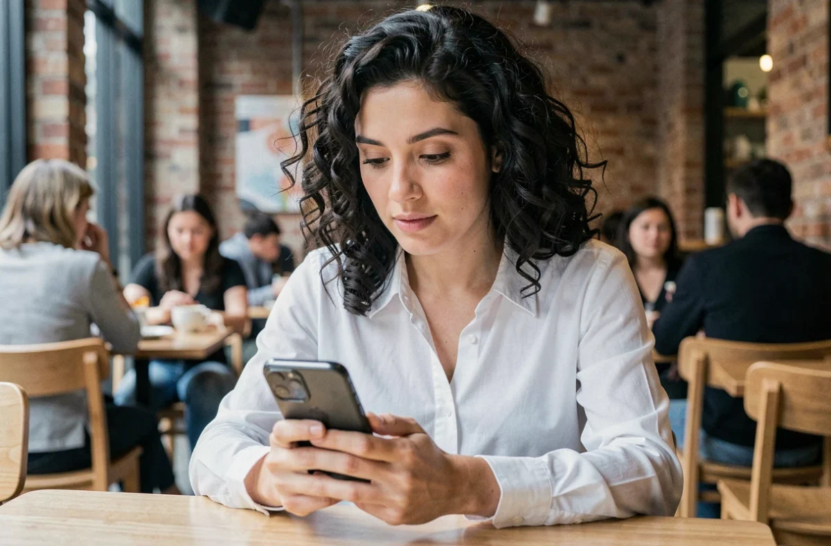 Femme utilisant son smartphone dans un café pour retrouver un site après son changement d'adresse en ligne