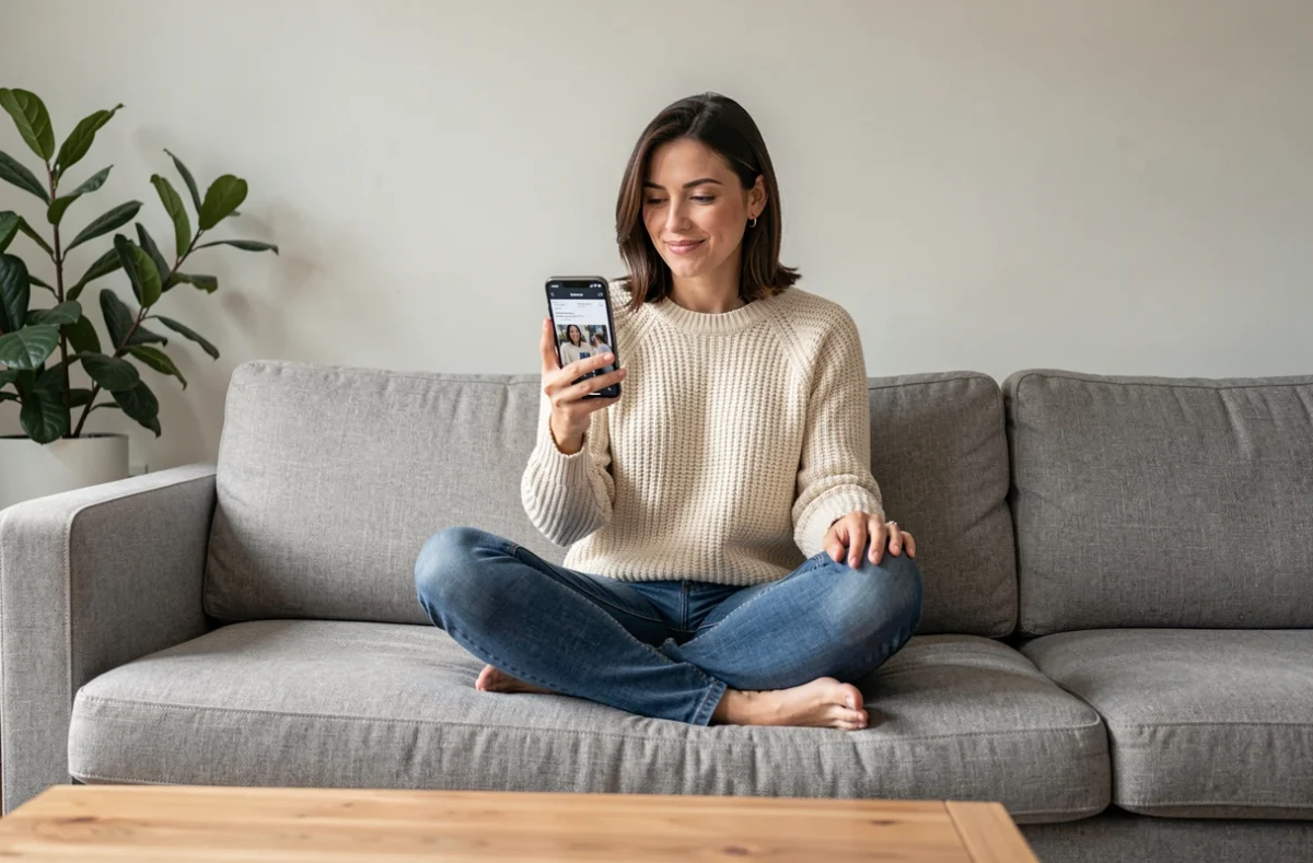 Femme écoutant un podcast sur smartphone dans un salon moderne, illustration d'une écoute du podcast Les Grosses Têtes