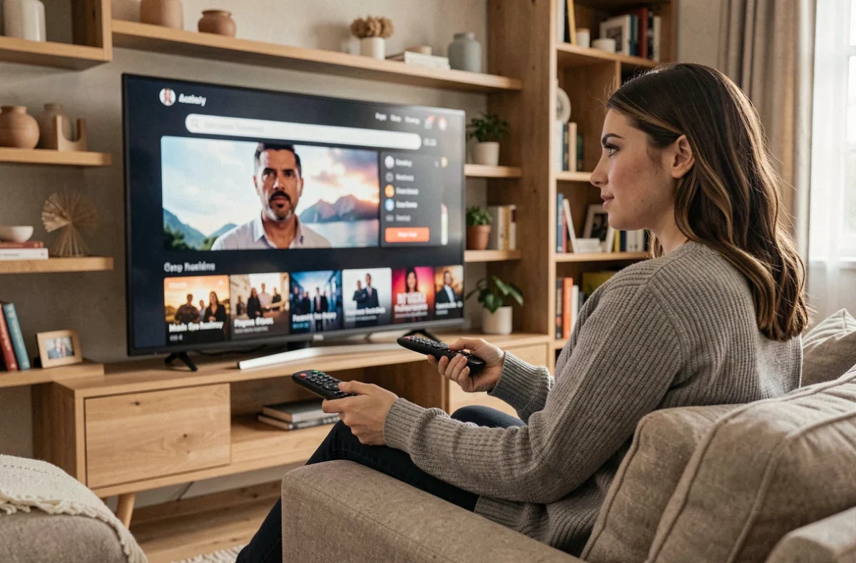 Femme cherchant un film sur une interface de streaming depuis son canapé