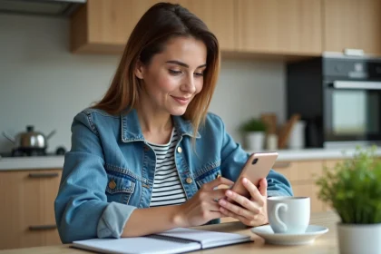 Jeune femme vérifiant un colis sur son smartphone à la maison