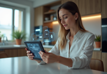 Femme utilisant une tablette avec interfaces futuristes dans un appartement moderne