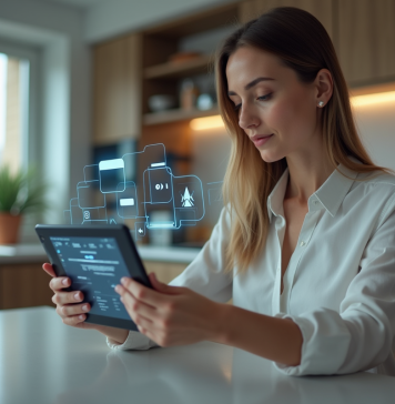 Femme utilisant une tablette avec interfaces futuristes dans un appartement moderne