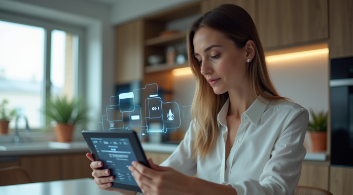 Femme utilisant une tablette avec interfaces futuristes dans un appartement moderne