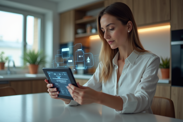 Femme utilisant une tablette avec interfaces futuristes dans un appartement moderne