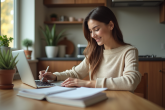 Jeune femme travaillant à la maison avec un ordinateur portable
