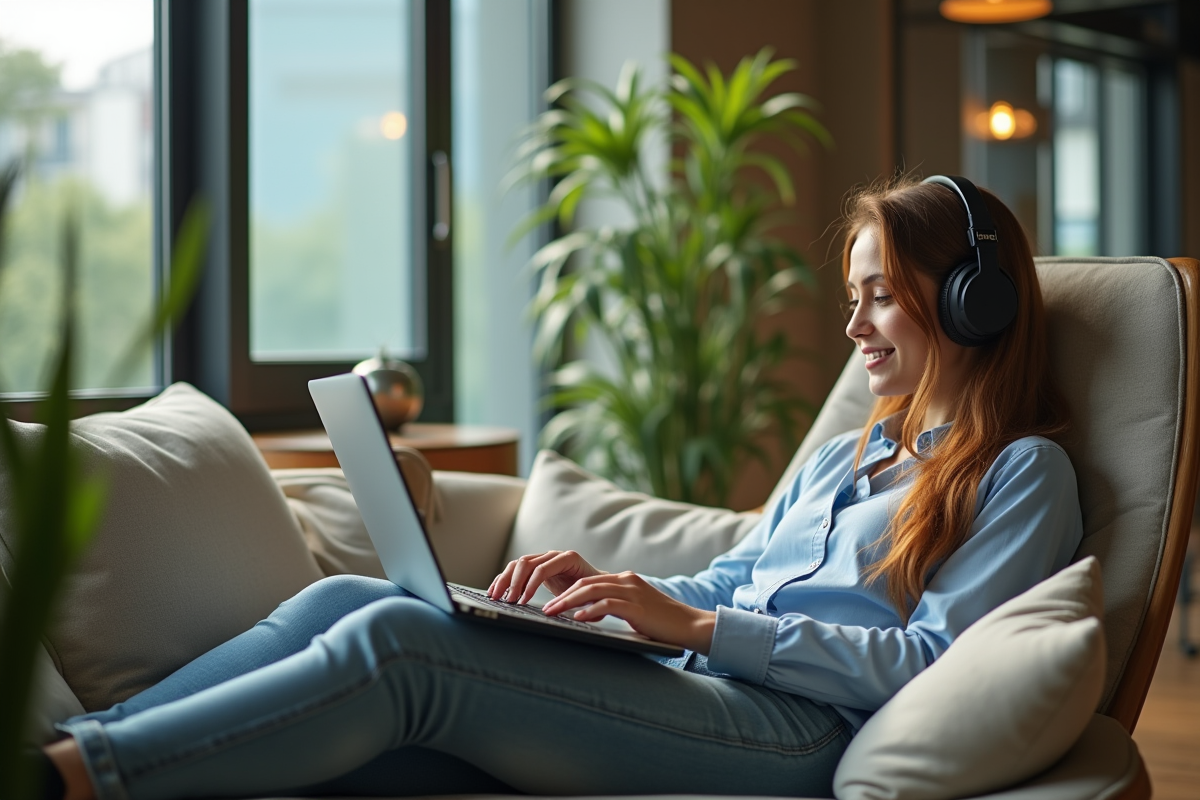 Jeune femme travaillant à distance dans un espace cosy