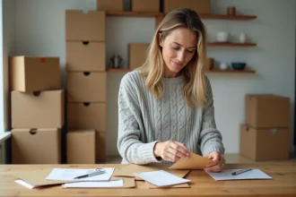 Femme triant son courrier postal avec des cartons de déménagement en arrière-plan dans un appartement