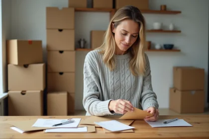 Femme triant son courrier postal avec des cartons de déménagement en arrière-plan dans un appartement