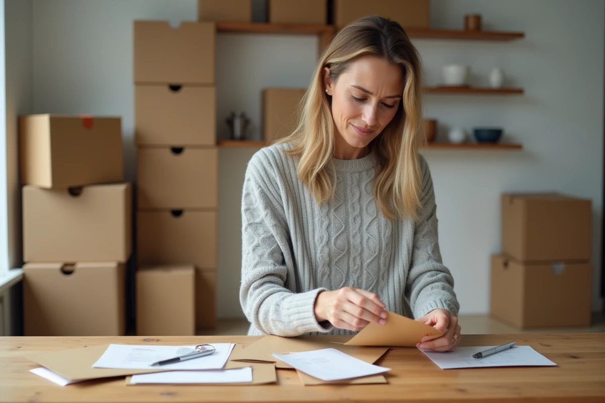 Femme triant son courrier postal avec des cartons de déménagement en arrière-plan dans un appartement