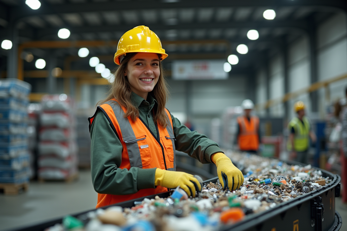 Jeune femme triant des matériaux recyclables dans une usine