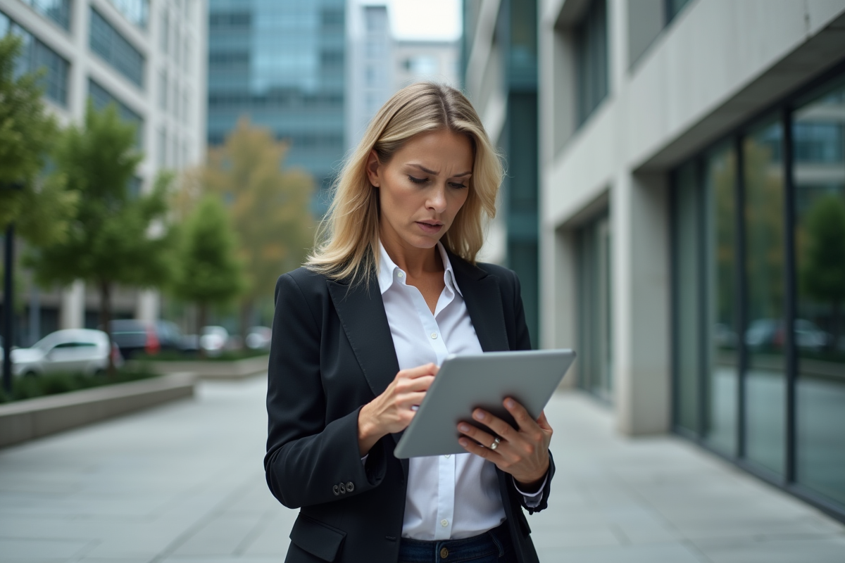 Femme urbaine consulte un rapport financier sur sa tablette