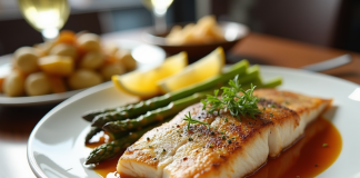 Filet de poisson cuit sur assiette blanche avec légumes colorés
