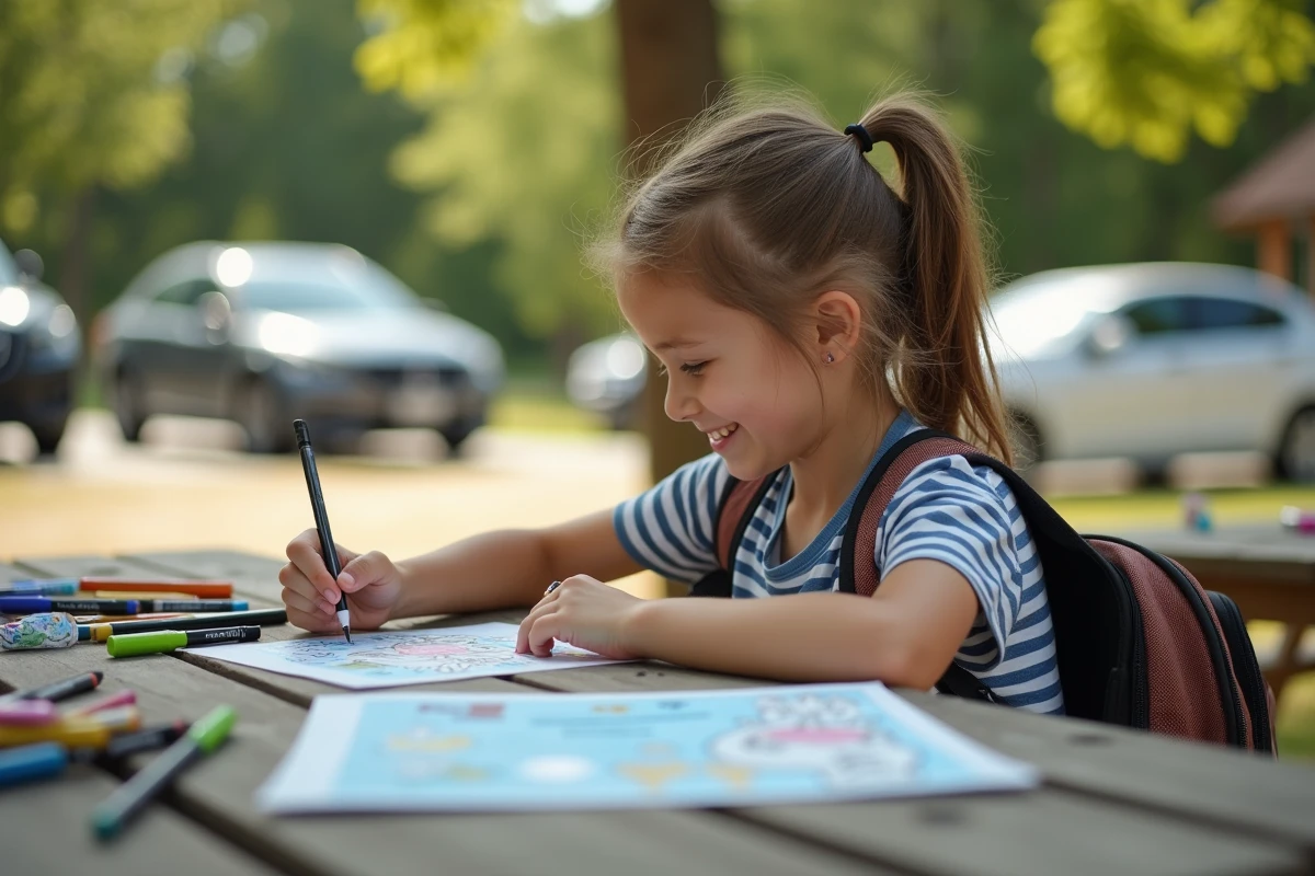 Jeune fille colorie lors d’un pique-nique en plein air