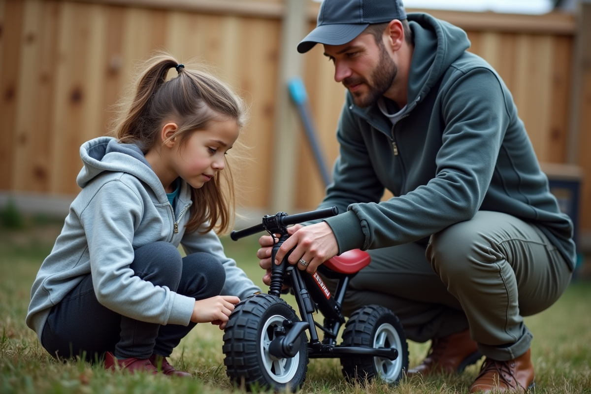 Fille de 12 ans inspectant sa minimoto avec son père dans le jardin