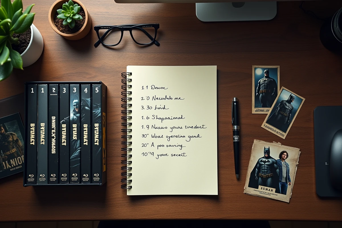 Vue à plat des films Batman classés en ordre chronologique sur un bureau en bois