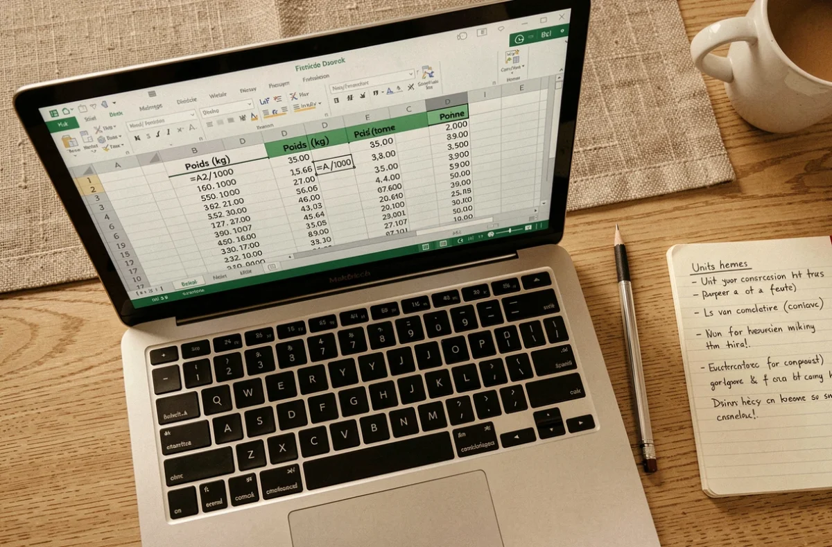 Écran d'ordinateur portable affichant une formule Excel pour convertir les kilogrammes en tonnes dans une feuille de calcul