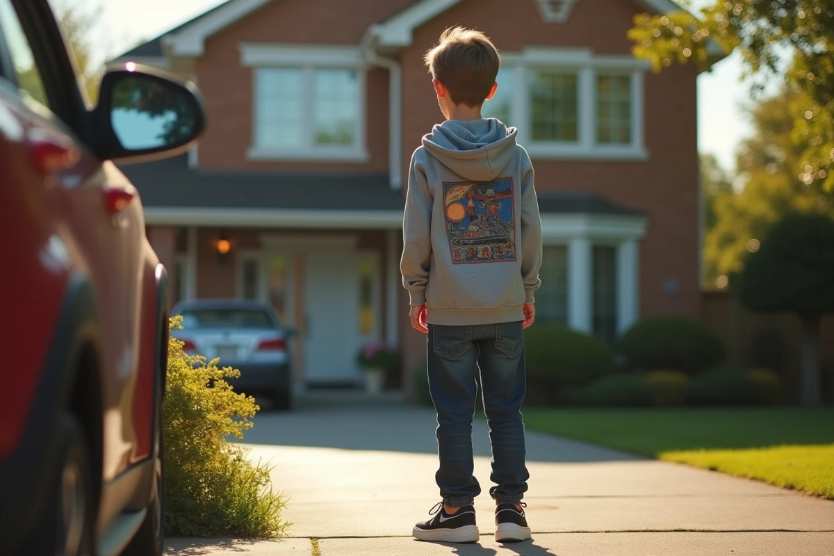 Adolescent regardant la maison familiale depuis la rue ensoleill&eacute;e