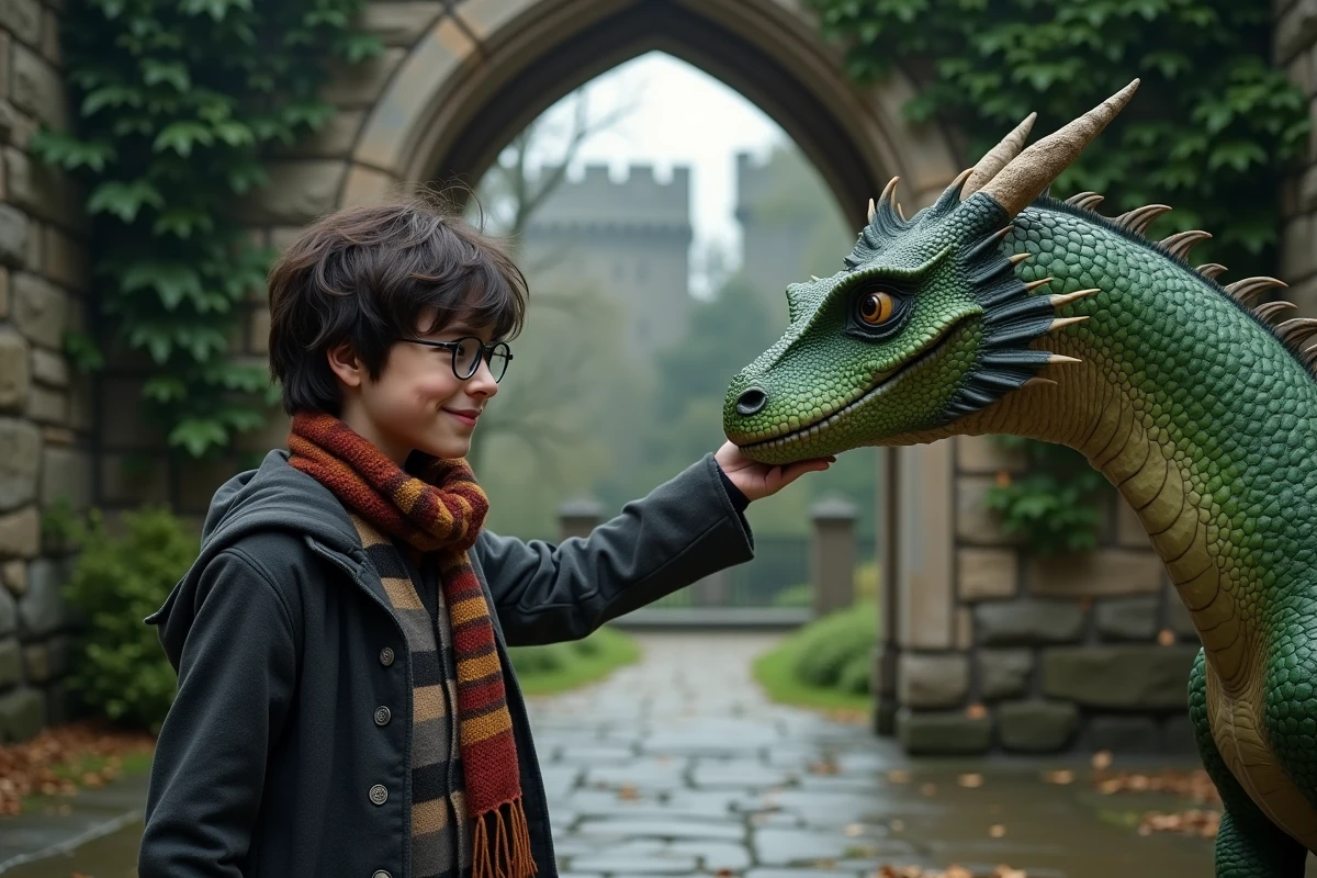 Garçon en uniforme avec dragon vert devant une arche ancienne