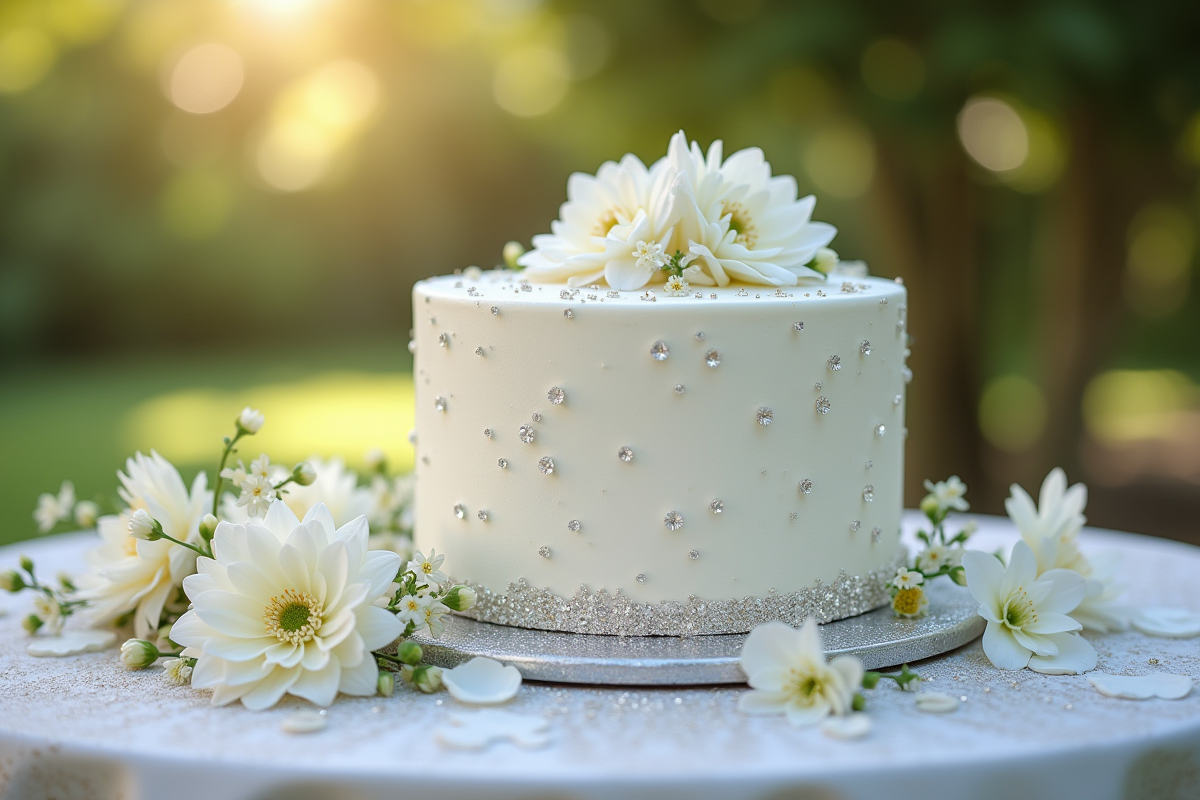 Gâteau d anniversaire diamant en plein air avec fleurs blanches