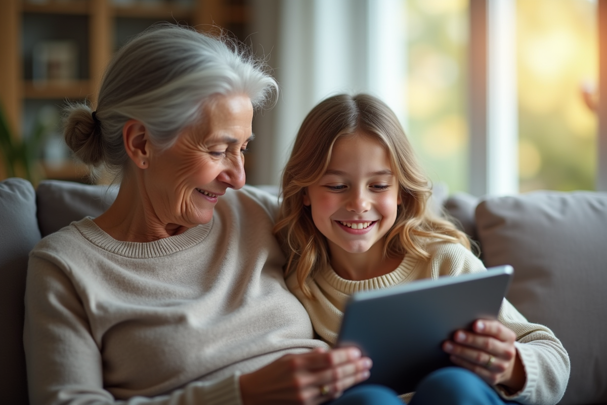 Grand-mère et enfant en appel vidéo sur une tablette lumineuse