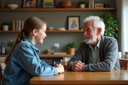 Jeune fille en jean et grand-pere en cardigan en pleine conversation