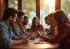 Groupe d'amis dans un café moderne utilisant leurs smartphones